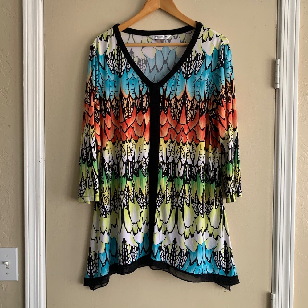 Peter Nygard Feather Design Artsy Knit Top Sz.2X Tunic V- Neck Business Career